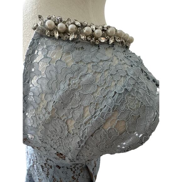 Self-Portrait Blue Fine Lace Pearl Midi Dress - Picture 11 of 14